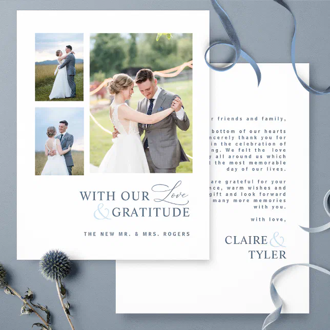 With Love and Gratitude Photo, Blue Wedding Thank You Card | Zazzle