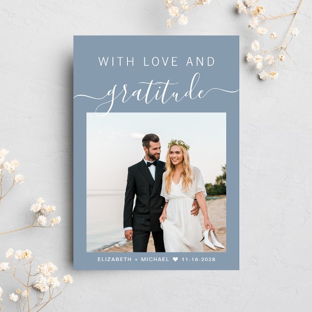 With Love And Gratitude Photo Dusty Blue Wedding Thank You Card (Celebrate your love story with a thank you card showcasing your favorite wedding day photo)
