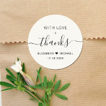 With Love And Thanks Cream Wedding Thank You Classic Round Sticker<br><div class="desc">Chic light cream thank you sticker for your wedding reception favors and thank you cards that features "With Love   Thanks" in simple modern typography and an elegant script with swashes,  your first names joined together with a heart and your wedding date.</div>
