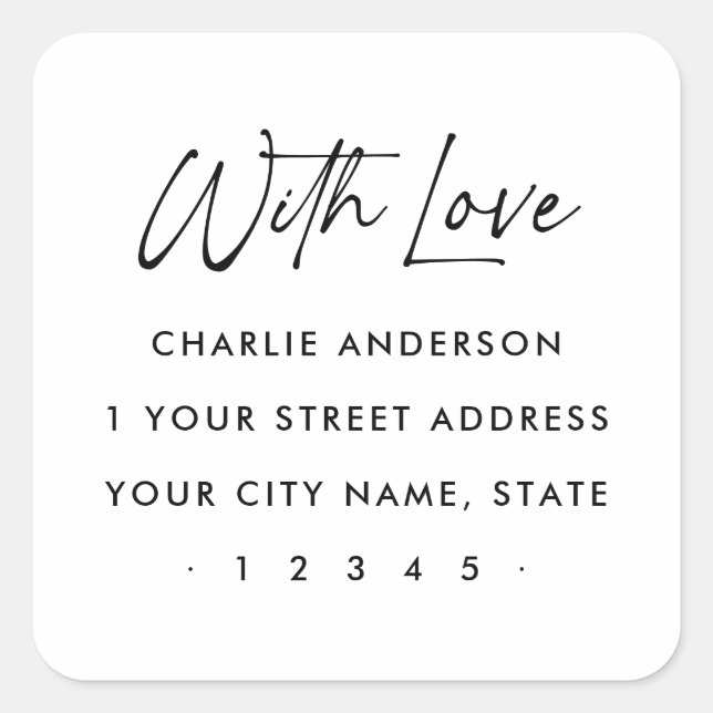 With love elegant script return address square sticker (Front)