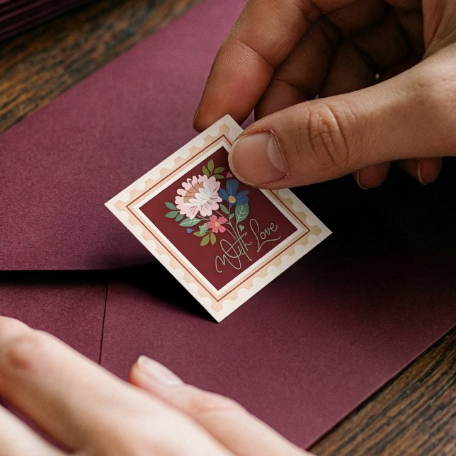 With Love Elegant Valentine's Day Floral Stamp Square Sticker (With Love Elegant Valentine's Day Floral Stamp Square Sticker)