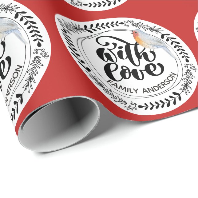 WITH LOVE Festive Winter Robin Personalized Wrapping Paper (Roll Corner)