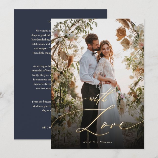 With Love Gold Script Wedding Photo  Thank You Card (Front/Back)