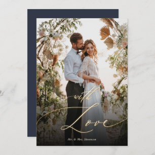 With Love Gold Script Wedding Photo Thank You Card