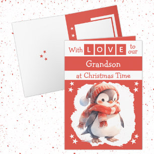 With love grandson penguin red Christmas Holiday Card