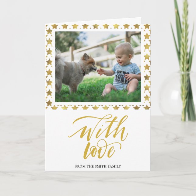 WITH LOVE | Happy New Year Modern Script Gold Star Holiday Card (Front)