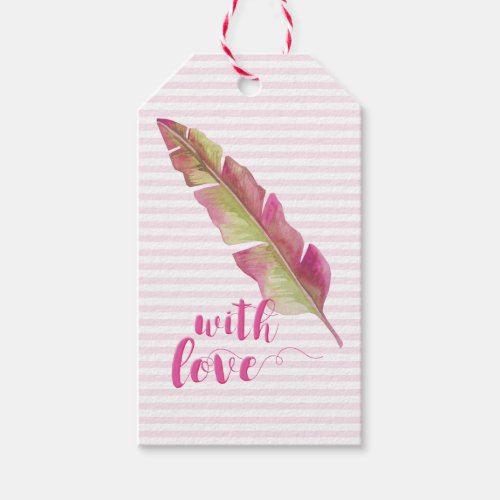 With Love  Pink and Green Boho Feather Gift Tags