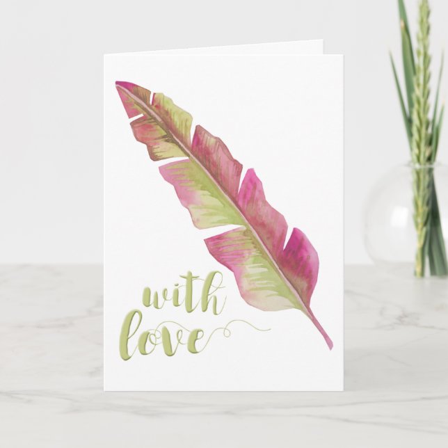 With Love - Pink and Green Feather Greeting Card (Front)