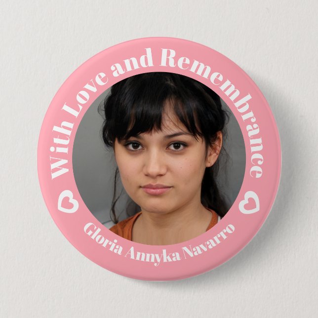 With love pink two white hearts photo remembrance button (Front)