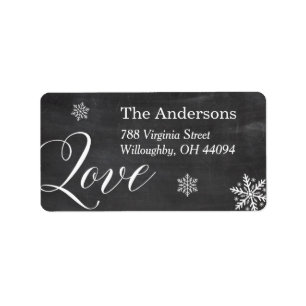 With Love Script Black White Chalkboard Snowflakes Label