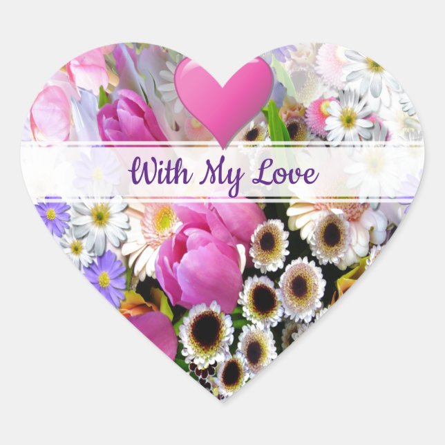 With Love Spring Flower Bouquet Heart Sticker (Front)