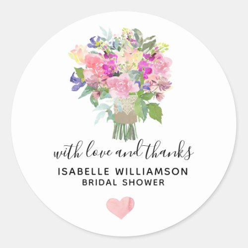 With Love  Thanks Bridal Shower Flowers  Heart Classic Round Sticker