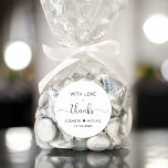With Love Wedding Thank You Classic Round Sticker<br><div class="desc">Elegant thank you sticker for your wedding reception favors and thank you cards featuring "With Love   Thanks" in simple modern typography and a stylish elegant script with swashes,  your first names joined together by a heart and your wedding date.</div>