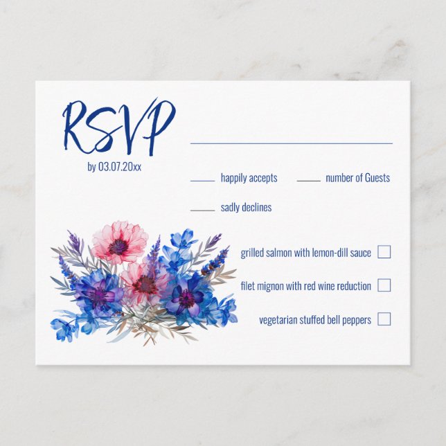 💍 With menu Cornflowers & Lavender RSVP postcard (Front)