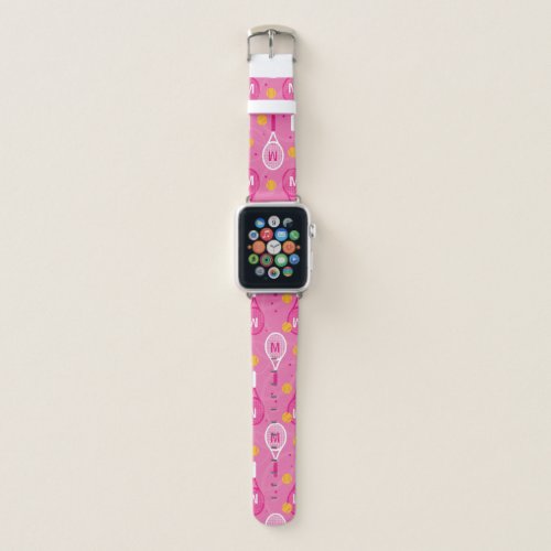 With monogram Pink  white tennis racket pattern  Apple Watch Band