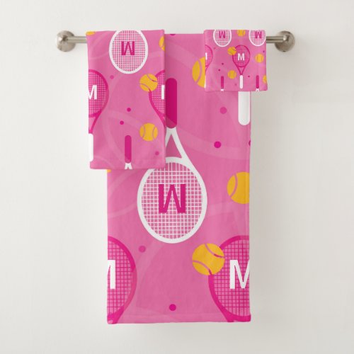 With monogram Pink  white tennis racket pattern Bath Towel Set