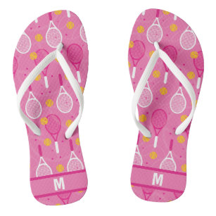 With monogram Pink & white tennis racket pattern Flip Flops