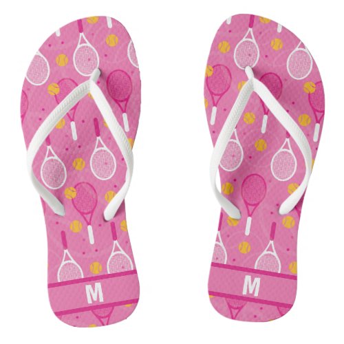 With monogram Pink  white tennis racket pattern Flip Flops
