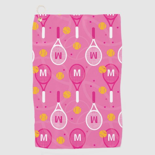 With monogram Pink  white tennis racket pattern Golf Towel