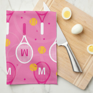 With monogram Pink & white tennis racket pattern  Kitchen Towel
