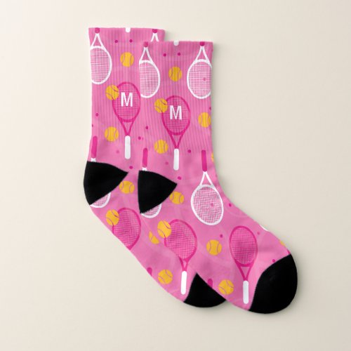 With monogram Pink  white tennis racket pattern  Socks