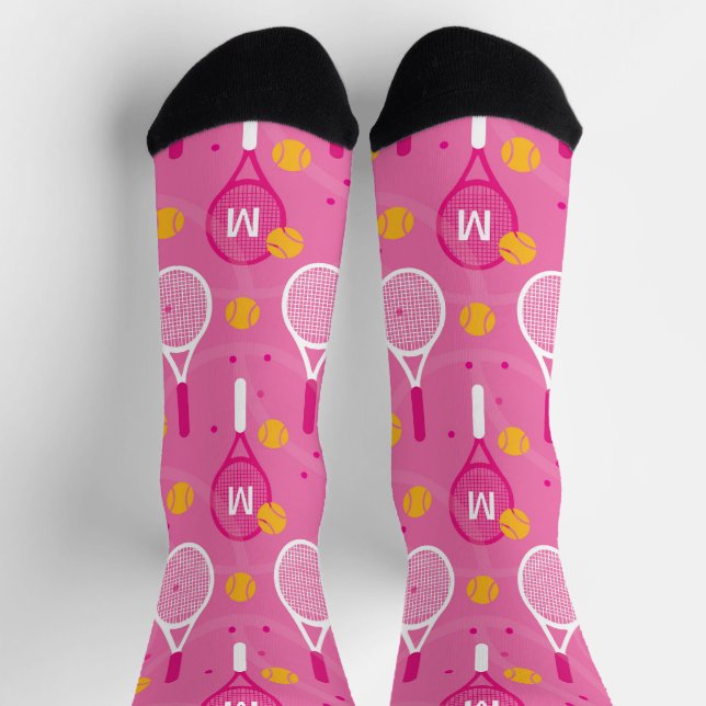 With monogram Pink & white tennis racket pattern Socks (Top)