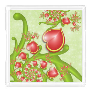 With much Love Red Yellow Hearts Fractal Art Acrylic Tray