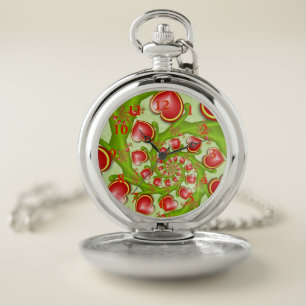 With much Love Red Yellow Hearts Fractal Art Pocket Watch