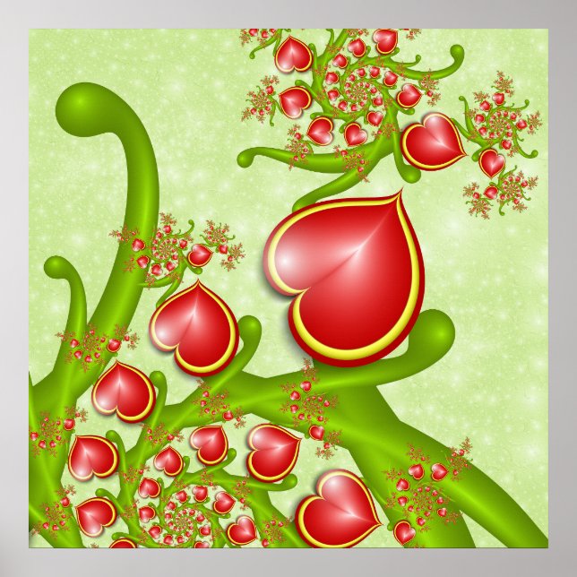 With much Love Red Yellow Hearts Fractal Art Poster (Front)