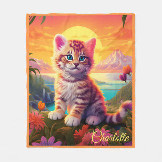 😺With name Beautiful cat with sunset Fleece Blanket