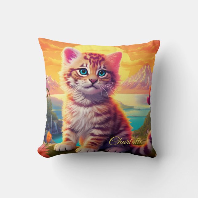 😺With name  Beautiful cat  with sunset Throw Pillow (Front)