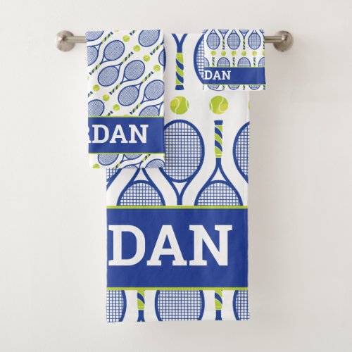 With name blue green white tennis pattern bath towel set