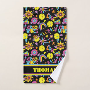 With name, Groovy, retro 90s, black Hand Towel