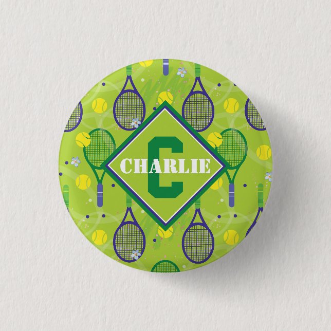With name & initial, green & purple tennis racket  button (Front)