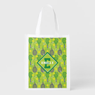 With name & initial, green & purple tennis racket  grocery bag