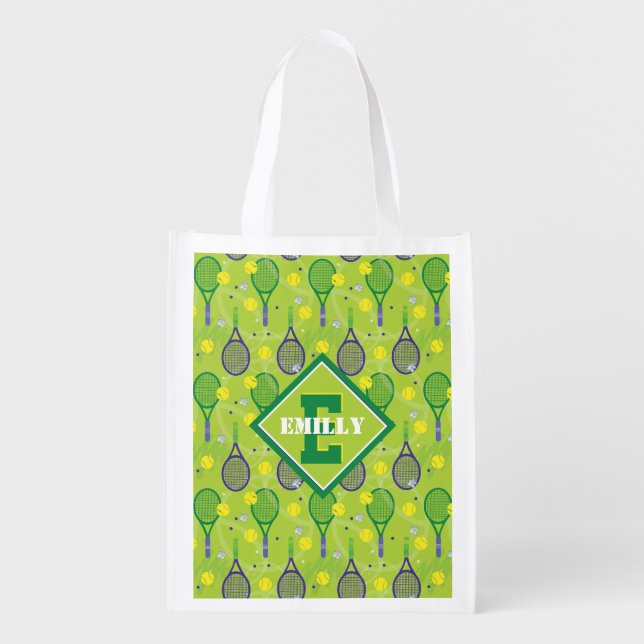 With name & initial, green & purple tennis racket  grocery bag (Front)