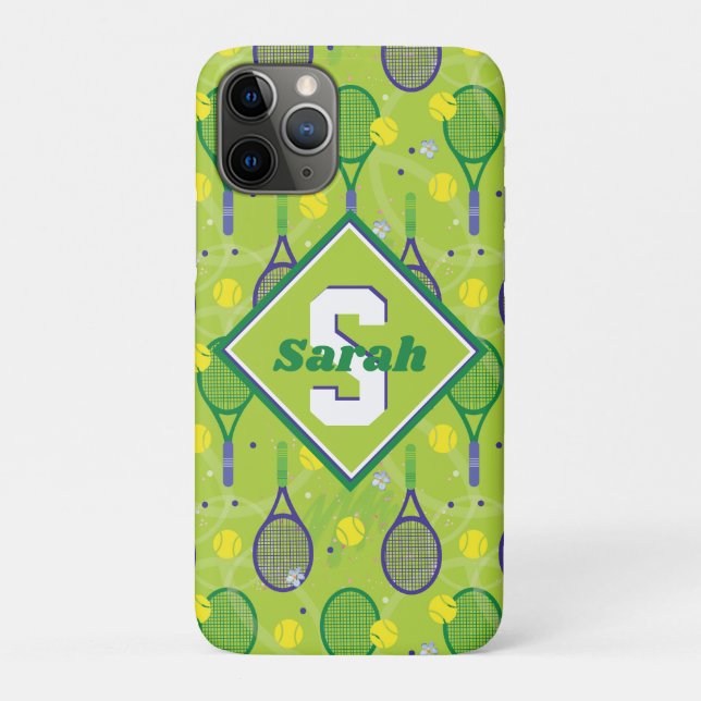 With name & initial, green & purple tennis rackets Case-Mate iPhone case (Back)
