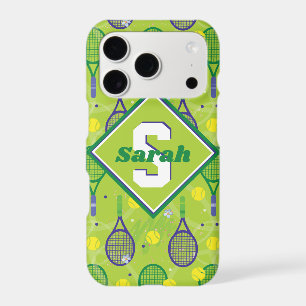 With name & initial, green & purple tennis rackets iPhone 17 pro case