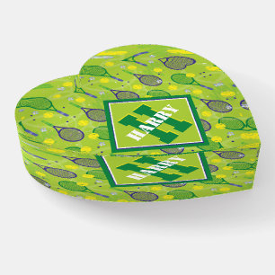 With name & initial, green & purple tennis rackets paperweight