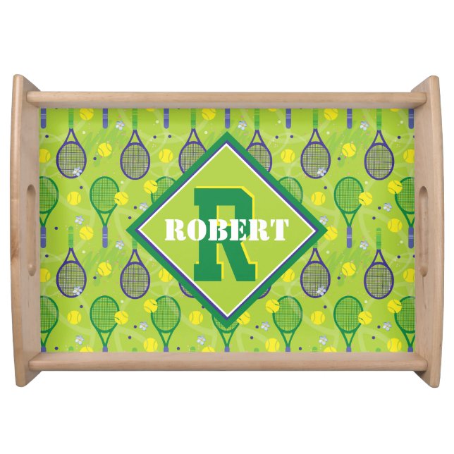 With name & initial, green & purple tennis rackets serving tray (Front)