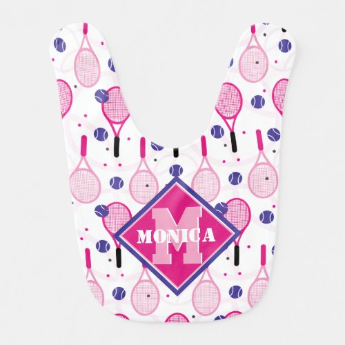 With name  initial pink  purple tennis rackets  baby bib