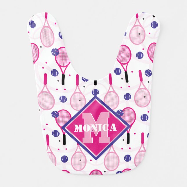With name & initial, pink & purple tennis rackets  baby bib (Front)