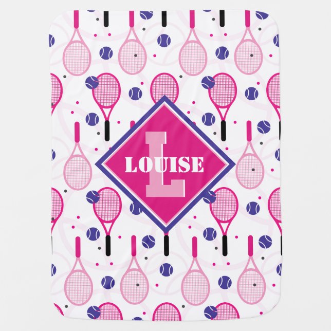 With name & initial, pink & purple tennis rackets baby blanket (Front)