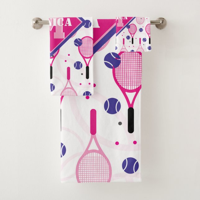 With name & initial, pink & purple tennis rackets bath towel set (Insitu)