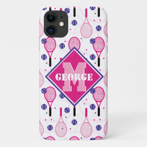 With name  initial pink  purple tennis rackets iPhone 11 case