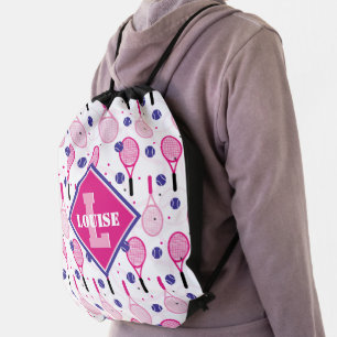 With name & initial, pink & purple tennis rackets  drawstring bag