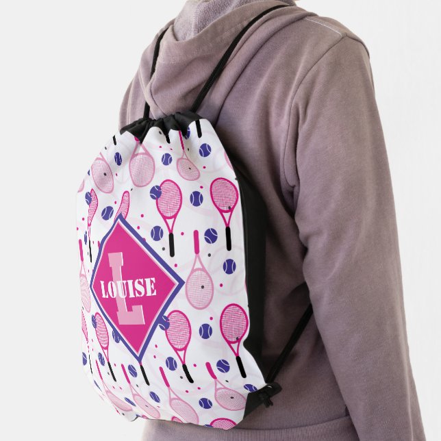 With name & initial, pink & purple tennis rackets  drawstring bag (Insitu)