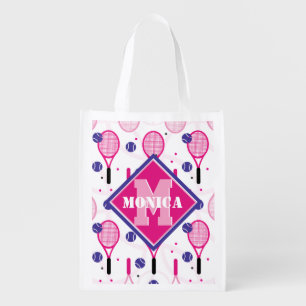 With name & initial, pink & purple tennis rackets grocery bag