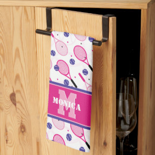With name & initial, pink & purple tennis rackets kitchen towel