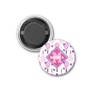 With name & initial, pink & purple tennis rackets magnet